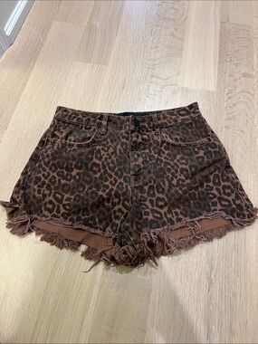 Leopard Print High-Rise Women's Denim Shorts - Brown